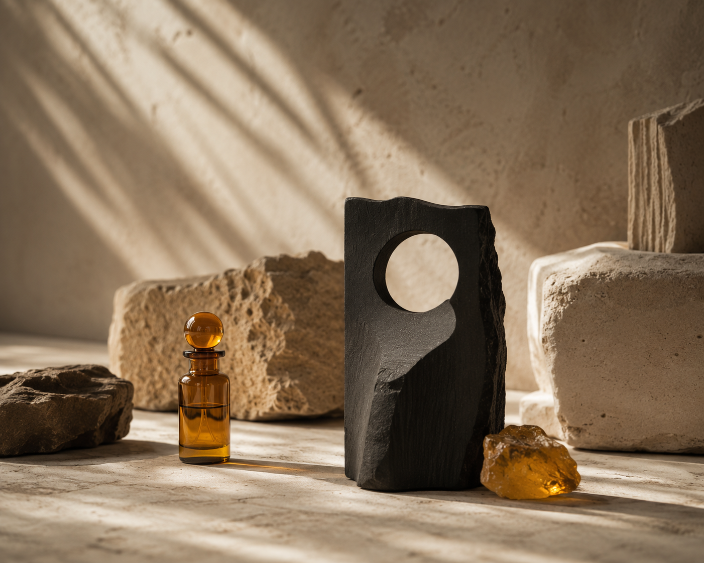 Modern apothecary still life with amber oil bottle, dark sculpted vase, frankincense resin on limestone