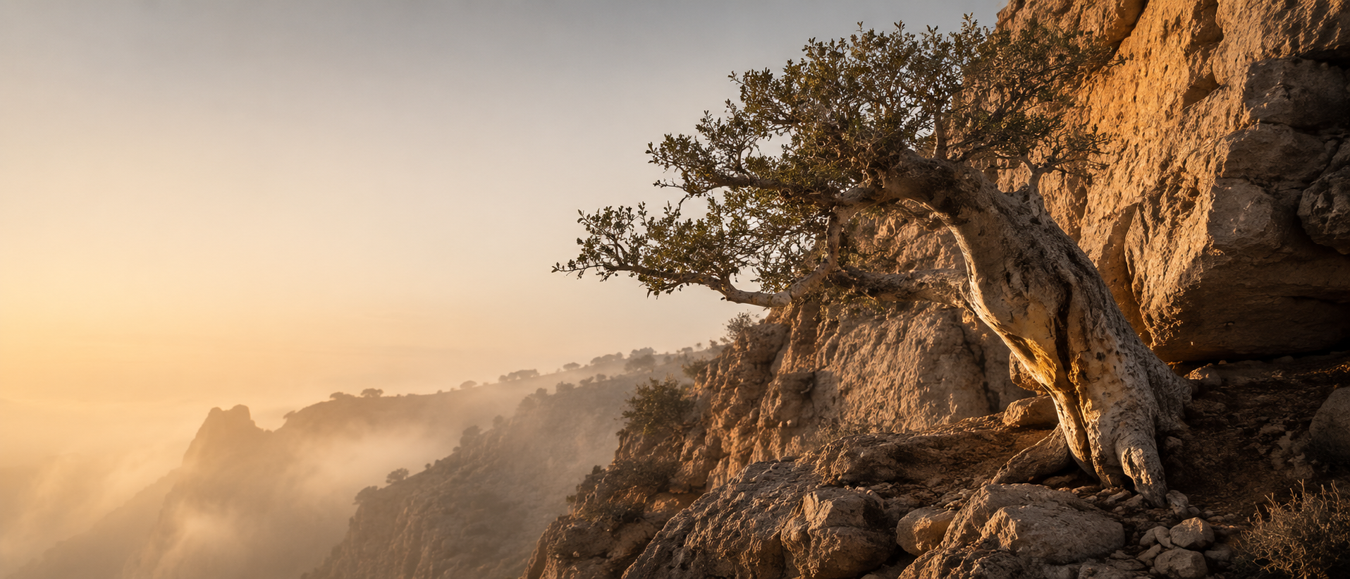 Ancient Boswellia sacra tree on a Dhofar mountain cliff face in Oman at golden hour