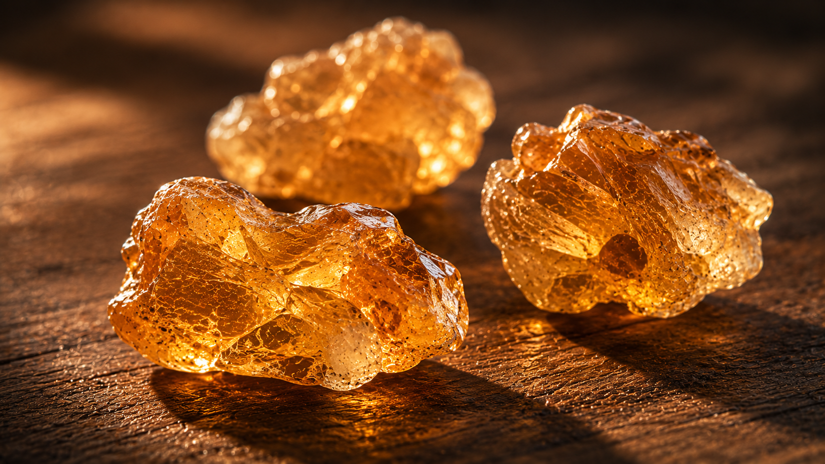 Three pieces of golden Omani frankincense resin glowing in warm light on dark walnut